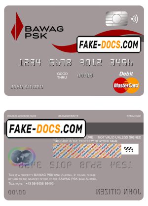 Austria BAWAG PSK bank mastercard debit card template in PSD format, fully editablc
