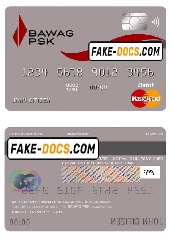 Austria BAWAG PSK bank mastercard debit card template in PSD format, fully editablc