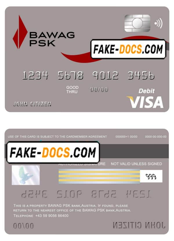 Austria BAWAG PSK bank visa card debit card template in PSD format, fully editable