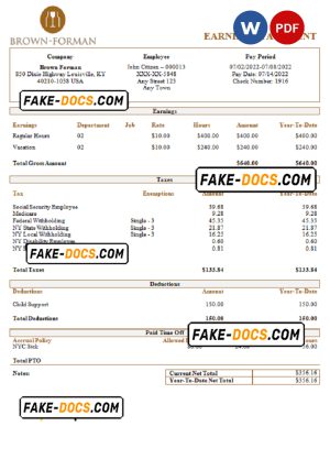 USA Brown Forman alcoholic beverages company pay stub Word and PDF template