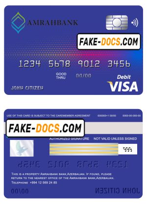 Azerbaijan Amrahbank bank visa card debit card template in PSD format, fully editable