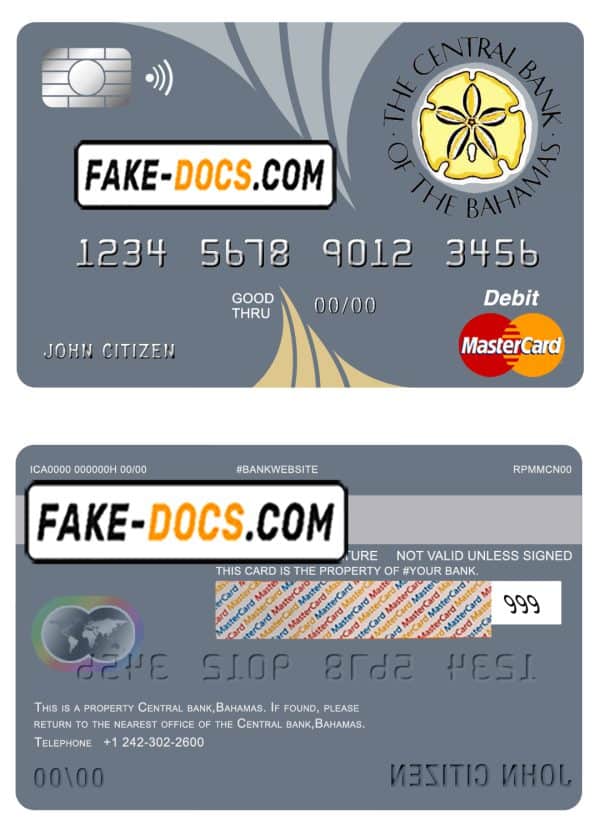 Bahamas The Central bank mastercard debit card template in PSD format, fully editable