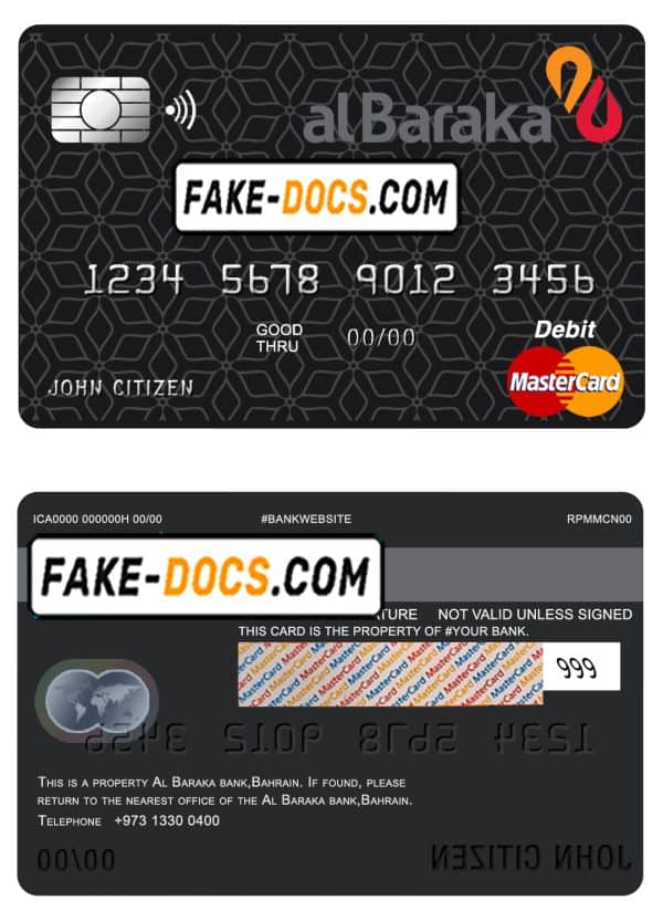 Bahrain Al Baraka bank mastercard debit card template in PSD format, fully editable