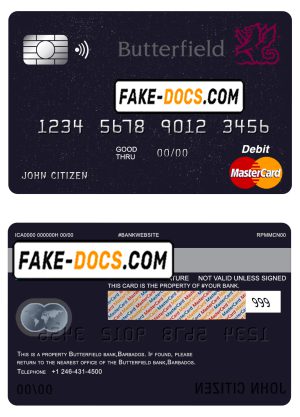Barbados Butterfield bank mastercard debit card template in PSD format, fully editable