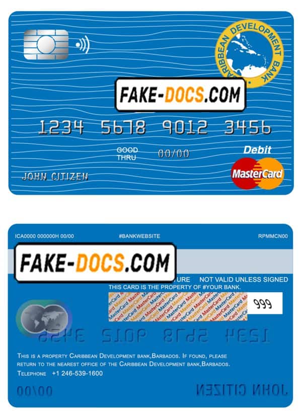 Barbados Caribbean Development Bank mastercard debit card template in PSD format, fully editable