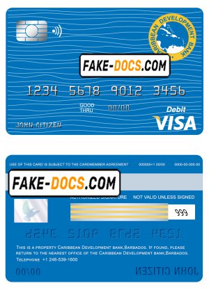 Barbados Caribbean Development Bank visa card debit card template in PSD format, fully editable