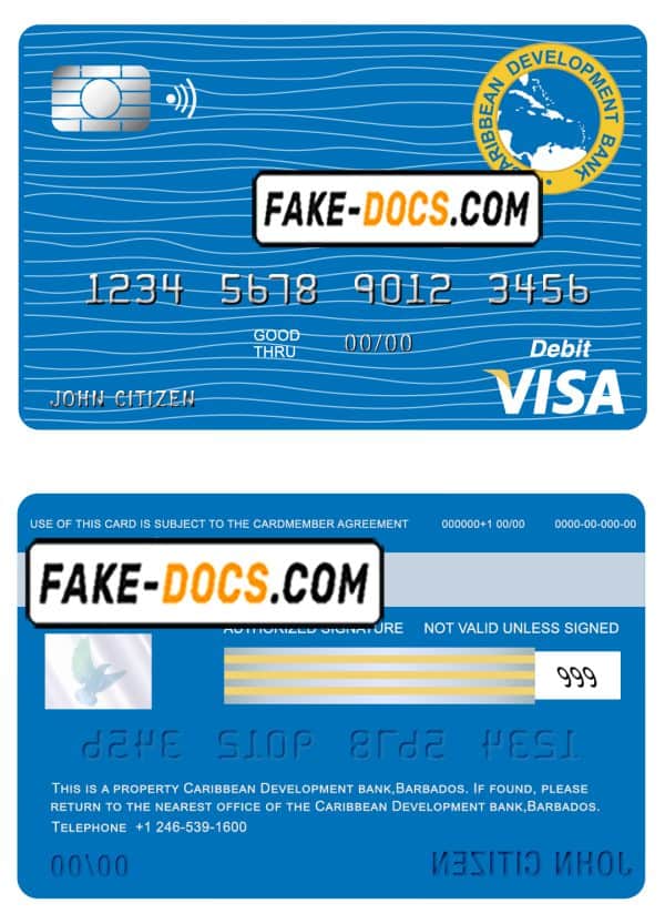 Barbados Caribbean Development Bank visa card debit card template in PSD format, fully editable