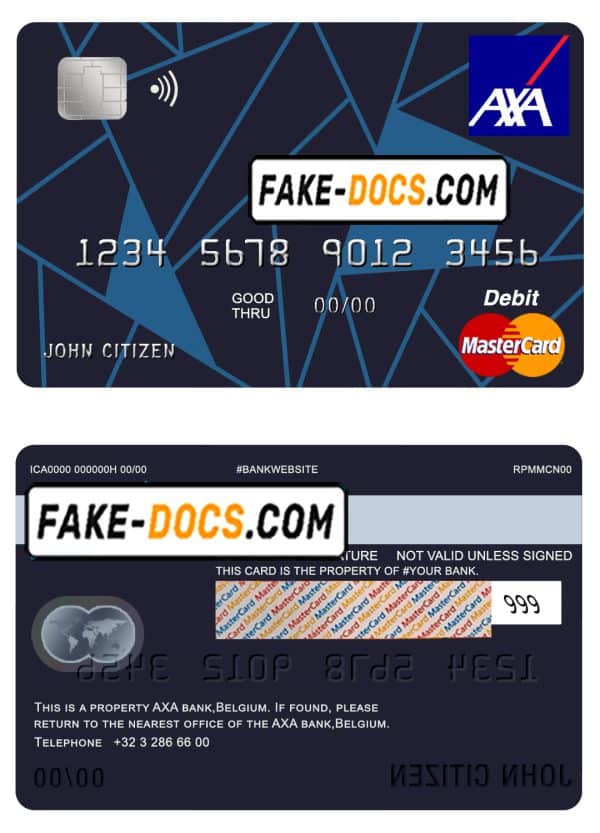 Belgium AXA bank mastercard debit card template in PSD format, fully editable