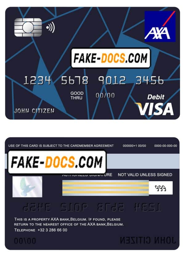 Belgium AXA bank visa card debit card template in PSD format, fully editable