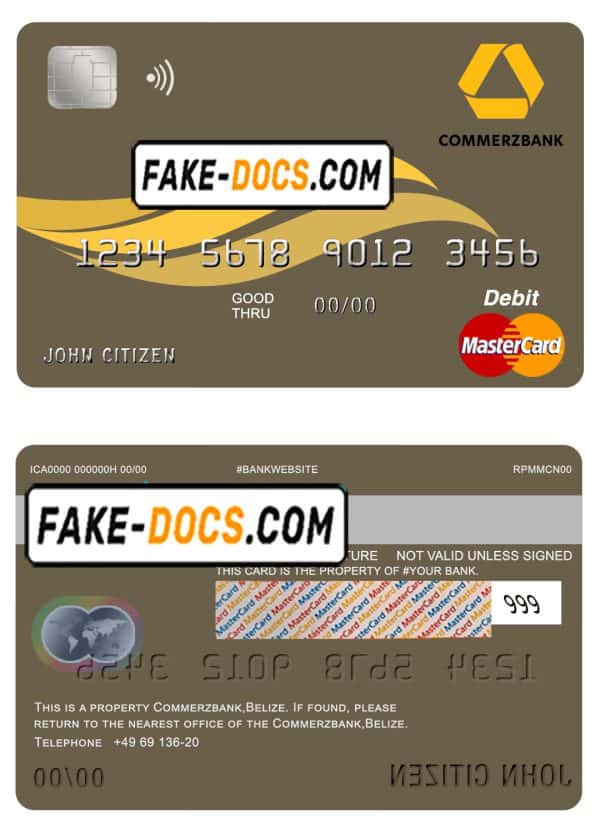 Belize Commerzbank mastercard debit card template in PSD format, fully editable