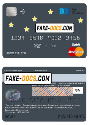 Bosnia and Herzegovina Bosna Bank International bank mastercard debit card template in PSD format, fully editable