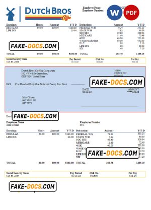 USA Dutch Bros Coffee Corporate coffeehouse company pay stub Word and PDF template