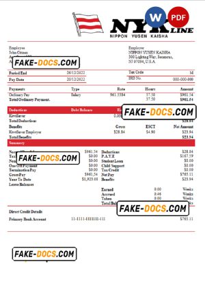 USA NIPPON YUSEN KAISHA shipping company pay stub Word and PDF template