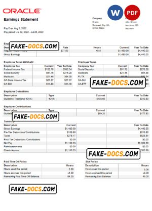 USA Oracle software company pay stub Word and PDF template