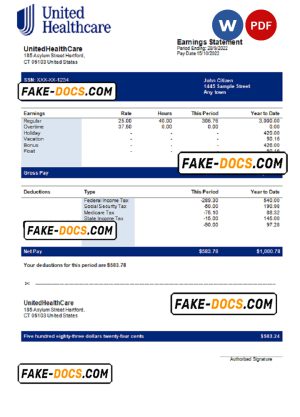 USA UnitedHealthCare managed care company pay stub Word and PDF template