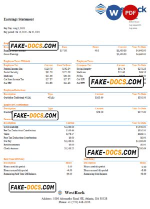 USA WestRock packaging company pay stub Word and PDF template