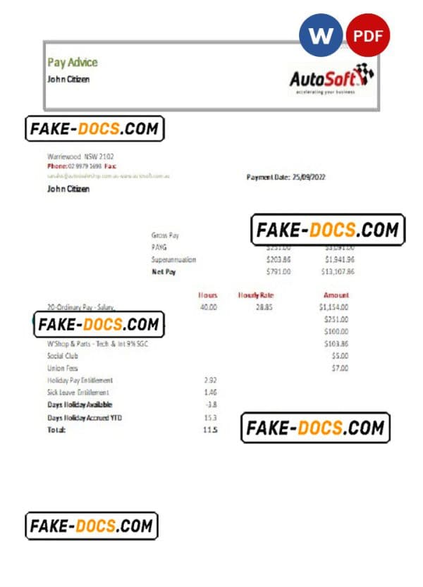 Australia NSW AutoSoft payslip Word and PDF template