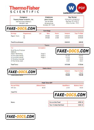USA Thermo Fisher Scientific laboratory instruments company pay stub Word and PDF template