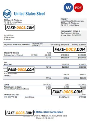USA United States Steel Corporation steel production company pay stub Word and PDF template