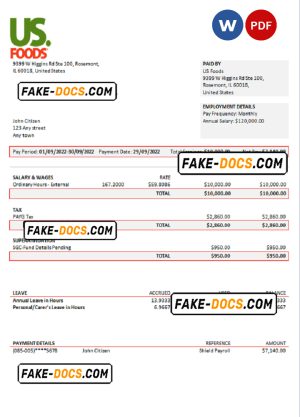 USA US Foods food distribution company pay stub Word and PDF template