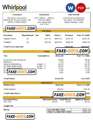 USA Whirlpool Corporation commercial company pay stub Word and PDF template