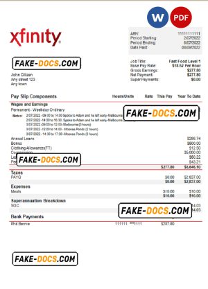 USA Xfinity broadasting company pay stub Word and PDF template
