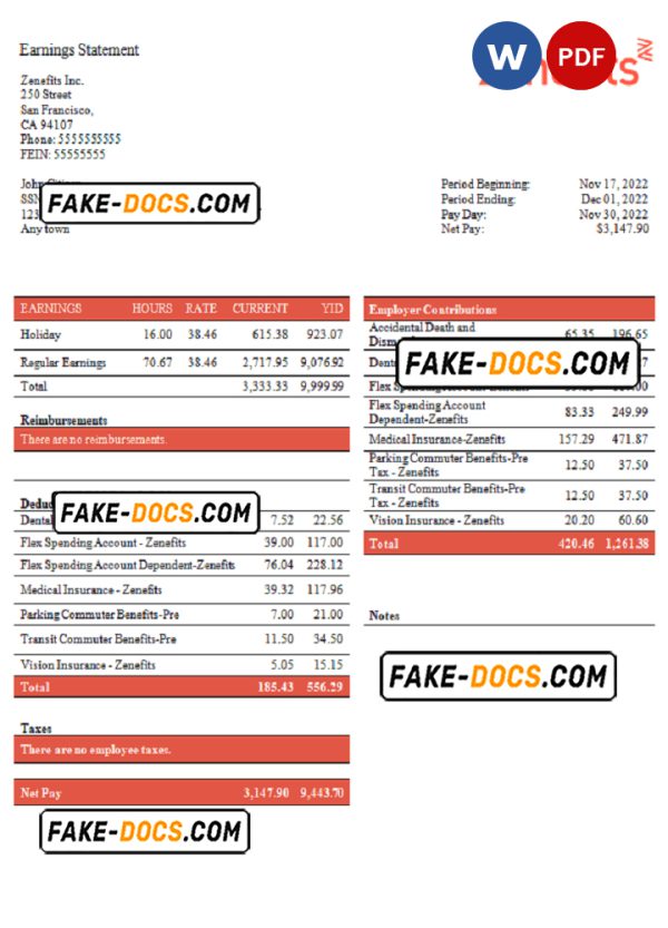 USA Zenefits technology company pay stub Word and PDF template