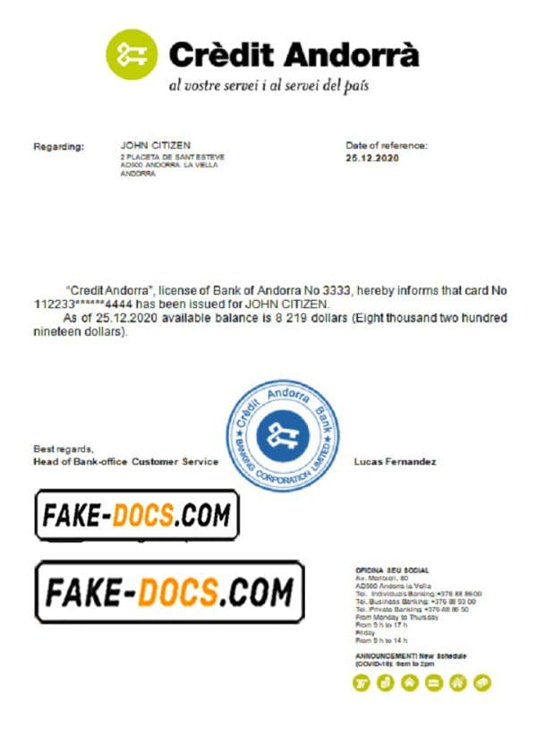 Andorra Credit Andorra bank reference letter template in Word and PDF format