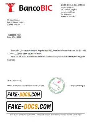 Angola Banco BIC bank reference letter template in Word and PDF format