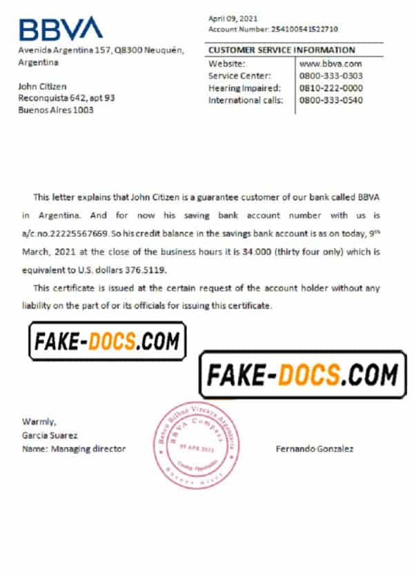 Argentina BBVA bank reference letter template in Word and PDF format