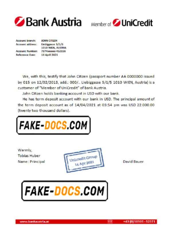 Austria Bank Austria account reference letter template in Word and PDF format