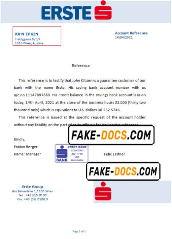 Austria Erste bank account reference letter template in Word and PDF format