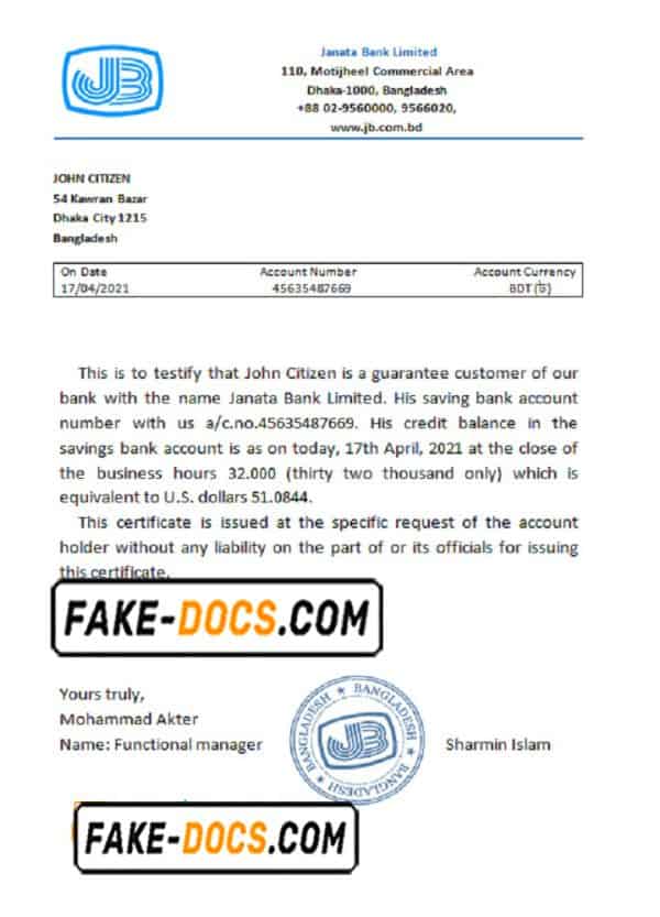 Bangladesh Janata bank account reference letter template in Word and PDF format