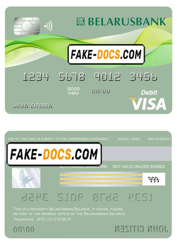 Belarus Belarusbank bank visa card debit card template in PSD format, fully editable