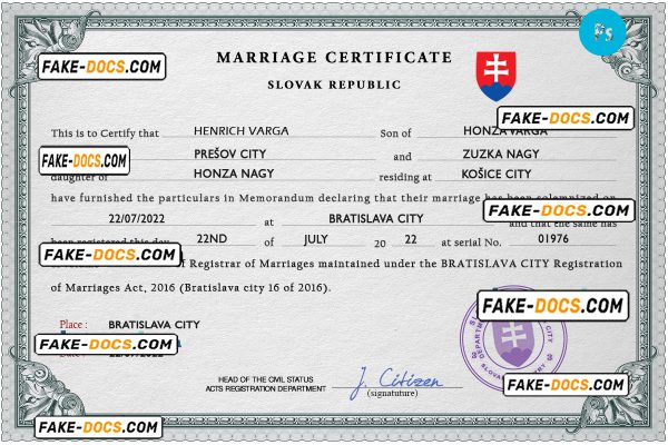 Slovakia marriage certificate PSD template, fully editable