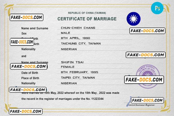 Taiwan marriage certificate PSD template, fully editable