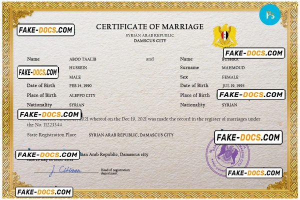 Syria marriage certificate PSD template, fully editable