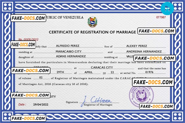 Venezuela marriage certificate PSD template, completely editable