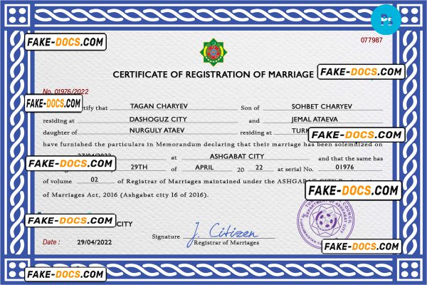 Turkmenistan marriage certificate PSD template, completely editable