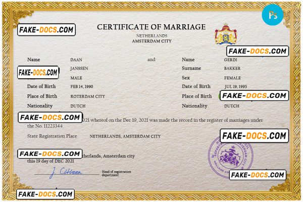 Netherlands marriage certificate PSD template, fully editable