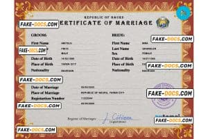 Nauru marriage certificate PSD template, fully editable