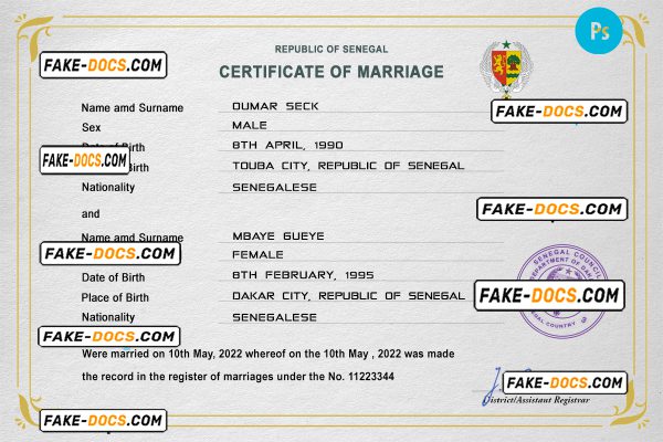 Senegal marriage certificate PSD template, completely editable