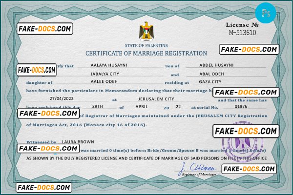 Palestine marriage certificate PSD template, fully editable