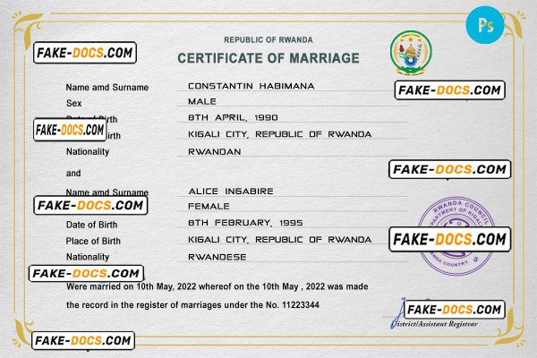 Rwanda marriage certificate PSD template, completely editable