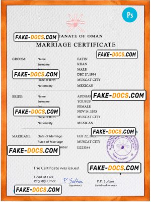 Oman marriage certificate PSD template, completely editable