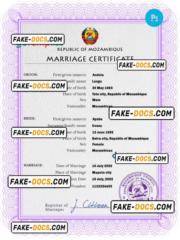 Mozambique marriage certificate PSD template, completely editable