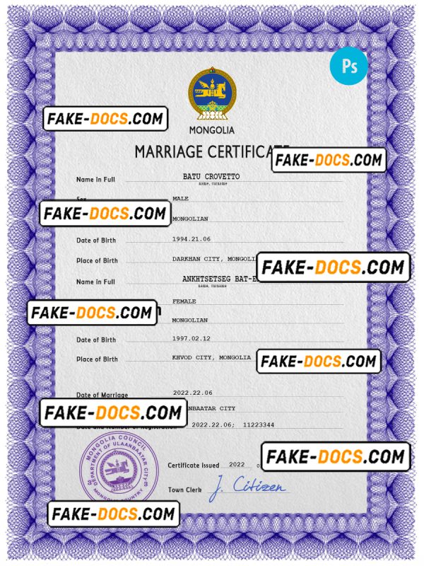 Mongolia marriage certificate PSD template, fully editable