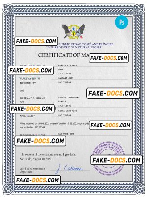 Sao Tome and Principe marriage certificate PSD template, completely editable