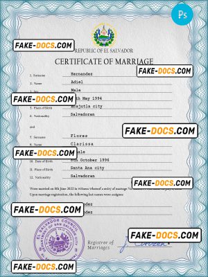 Salvador marriage certificate PSD template, fully editable