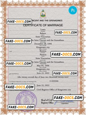 Saint Vincent and the Grenadines marriage certificate PSD template, completely editable